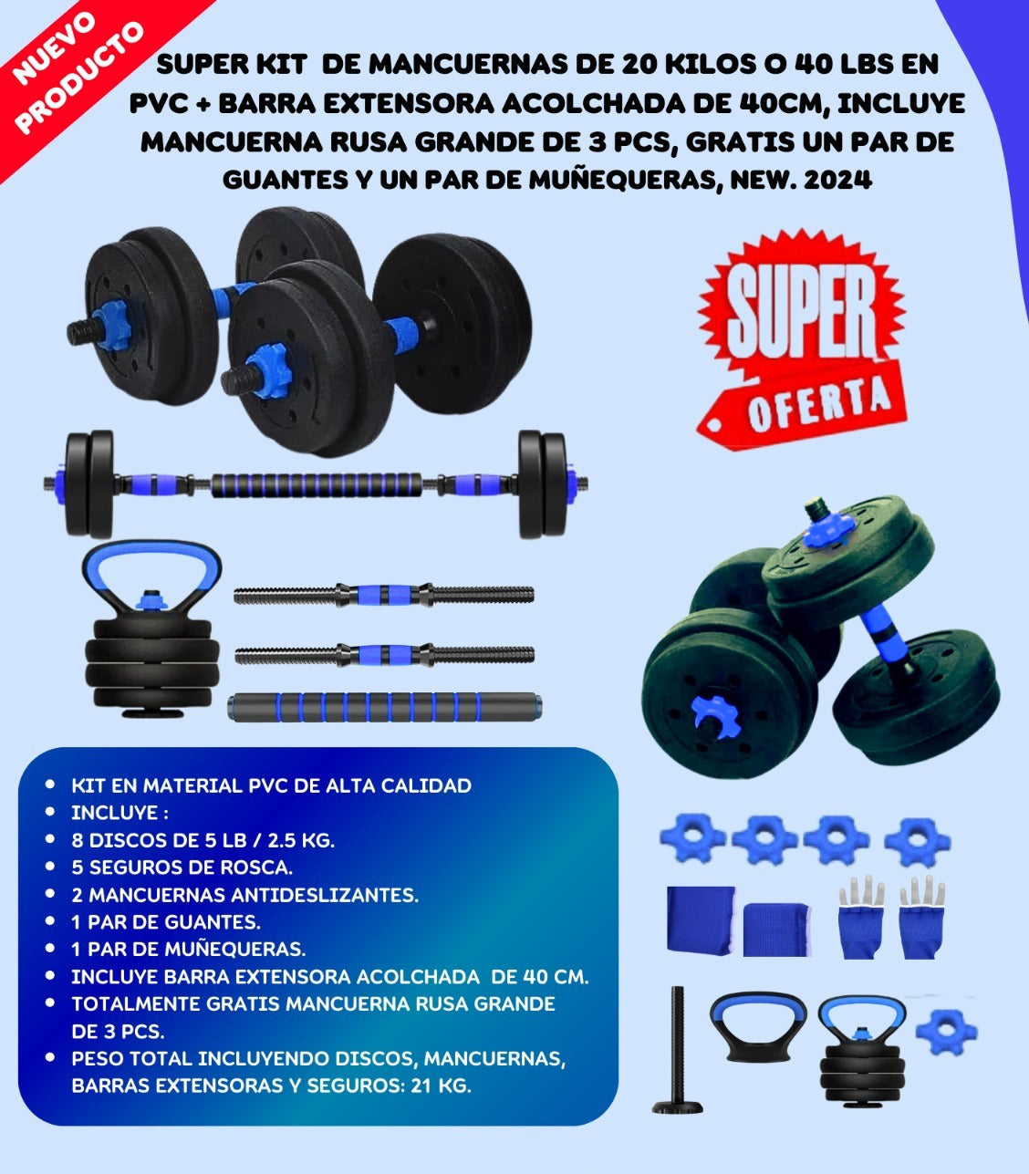KIT MANCUERNA 20KG 8 DISCOS+MANC RUSSA-G